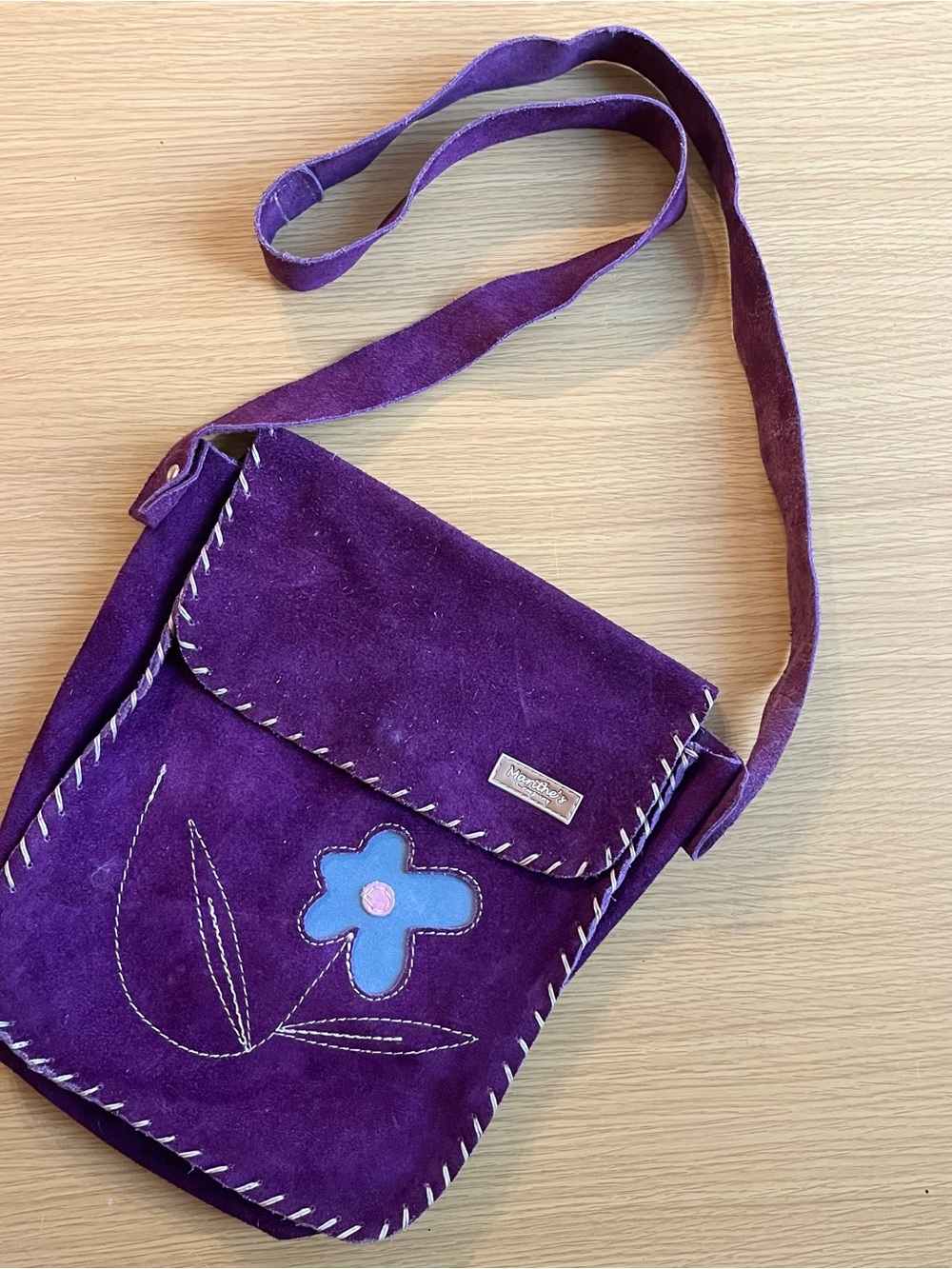 Purple Suede Crossbody Bag with Blue Flower Appliqué